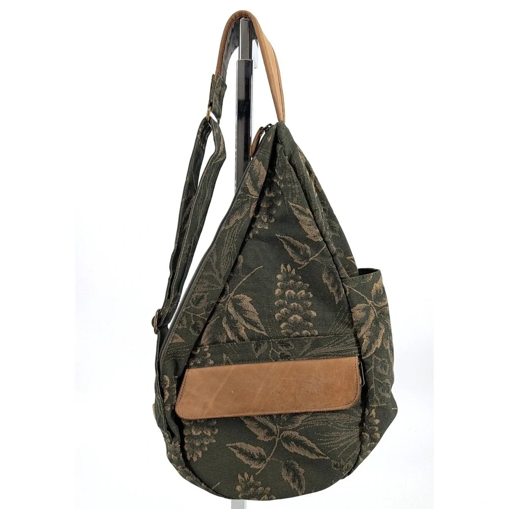 Vintage L.L. Bean AmeriBag Healthy Back Bag Tapestry Forest Sling Backpack Olive